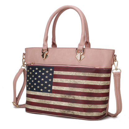 A pink vegan leather handbag with an American flag design on the front - A Lilian Vegan Leather Womens US FLAG Tote Bag by Pink Orpheus.