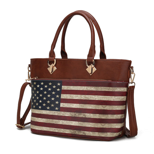 A brown Lilian Vegan Leather Womens US FLAG tote bag by Pink Orpheus with a US flag design on the side.