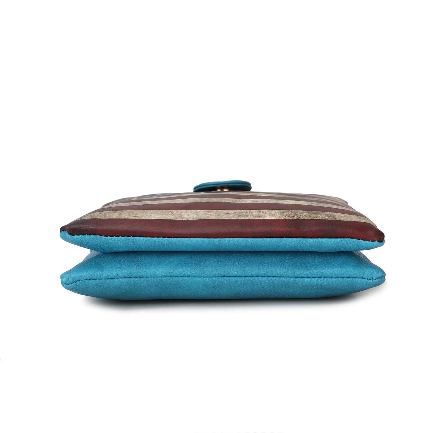 A Blue and brown striped Josephine Vegan Leather Women FLAG Crossbody Bag by Pink Orpheus is stacked on top of each other.