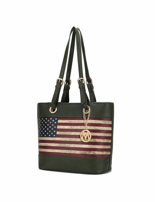 A Pink Orpheus Vera Vegan Leather Patriotic Flag Pattern Women Tote Bag.