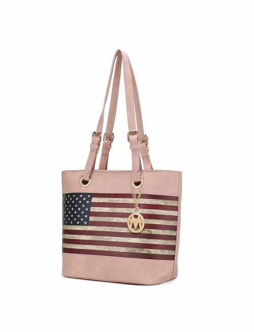 Pink Orpheus Vera Vegan Leather Patriotic Flag Pattern Women Tote Bag.