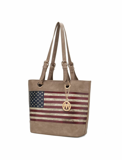 Pink Orpheus Vera Vegan Leather Patriotic Flag Pattern Women Tote Bag is featuring a patriotic flag pattern and made with vegan leather.