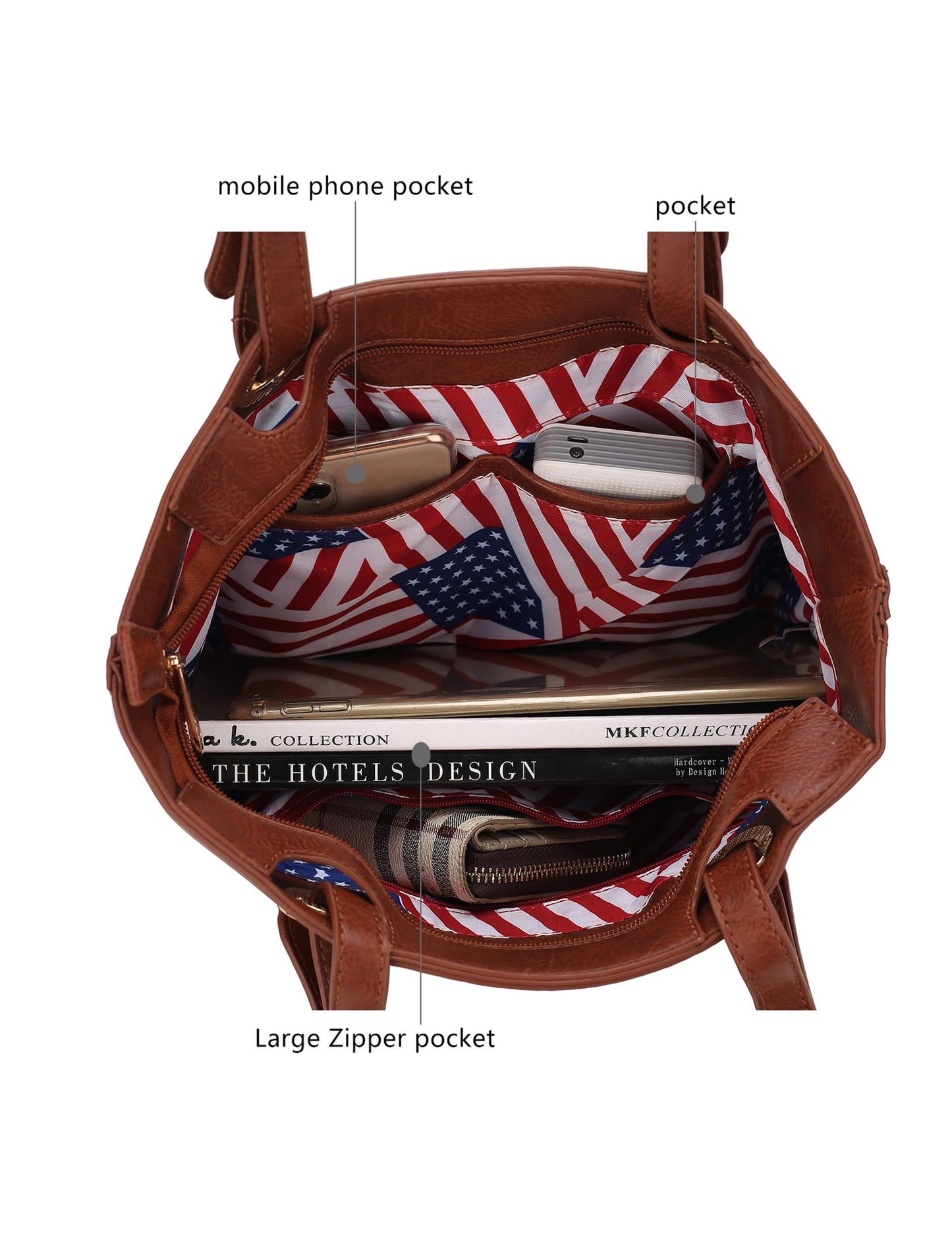 The contents of a Vera Vegan Leather Patriotic Flag Pattern Women Tote Bag made by Pink Orpheus.