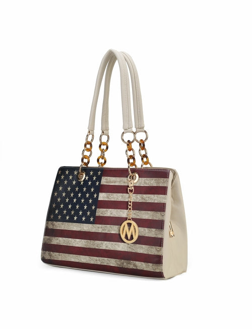 Nevaeh Vegan Leather American flag-themed Women Shoulder Bag with chain handles and a Pink Orpheus designer logo charm.