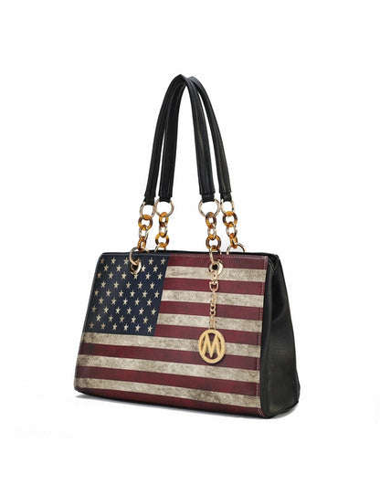 A stylish Nevaeh Vegan Leather patriotic pattern Women Shoulder Bag with chain handles by Pink Orpheus.