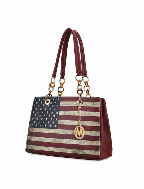 Pink Orpheus Nevaeh Vegan Leather patriotic pattern Women Shoulder Bag with chain-link straps, including a monogram charm.