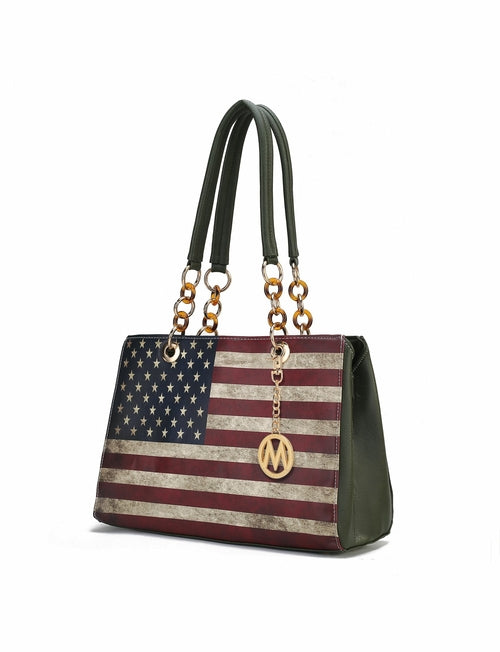 A Nevaeh Vegan Leather patriotic pattern Women Shoulder Bag with a Pink Orpheus logo charm.