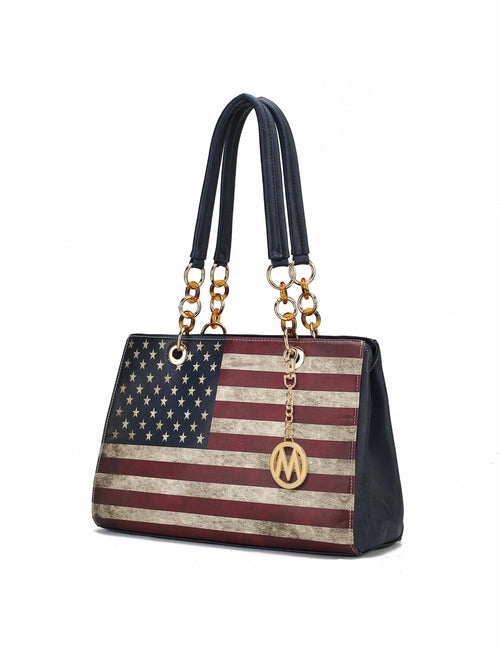 Handbag with a patriotic pattern on a white background: Nevaeh Vegan Leather patriotic pattern Women Shoulder Bag by Pink Orpheus.