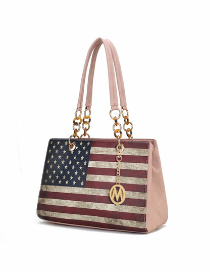 A Nevaeh Vegan Leather patriotic pattern Women Shoulder Bag with an American flag design and pink sides by Pink Orpheus.