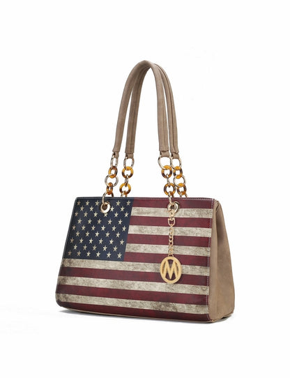 A Nevaeh Vegan Leather patriotic pattern Women Shoulder Bag by Pink Orpheus, with chain link straps against a white background.