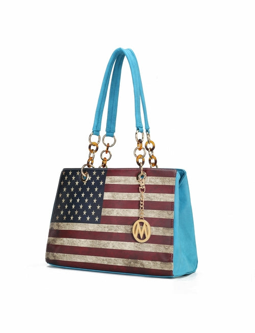 Blue and red Nevaeh Vegan Leather patriotic pattern women shoulder bag with an American flag and gold-tone chain link accents by Pink Orpheus.