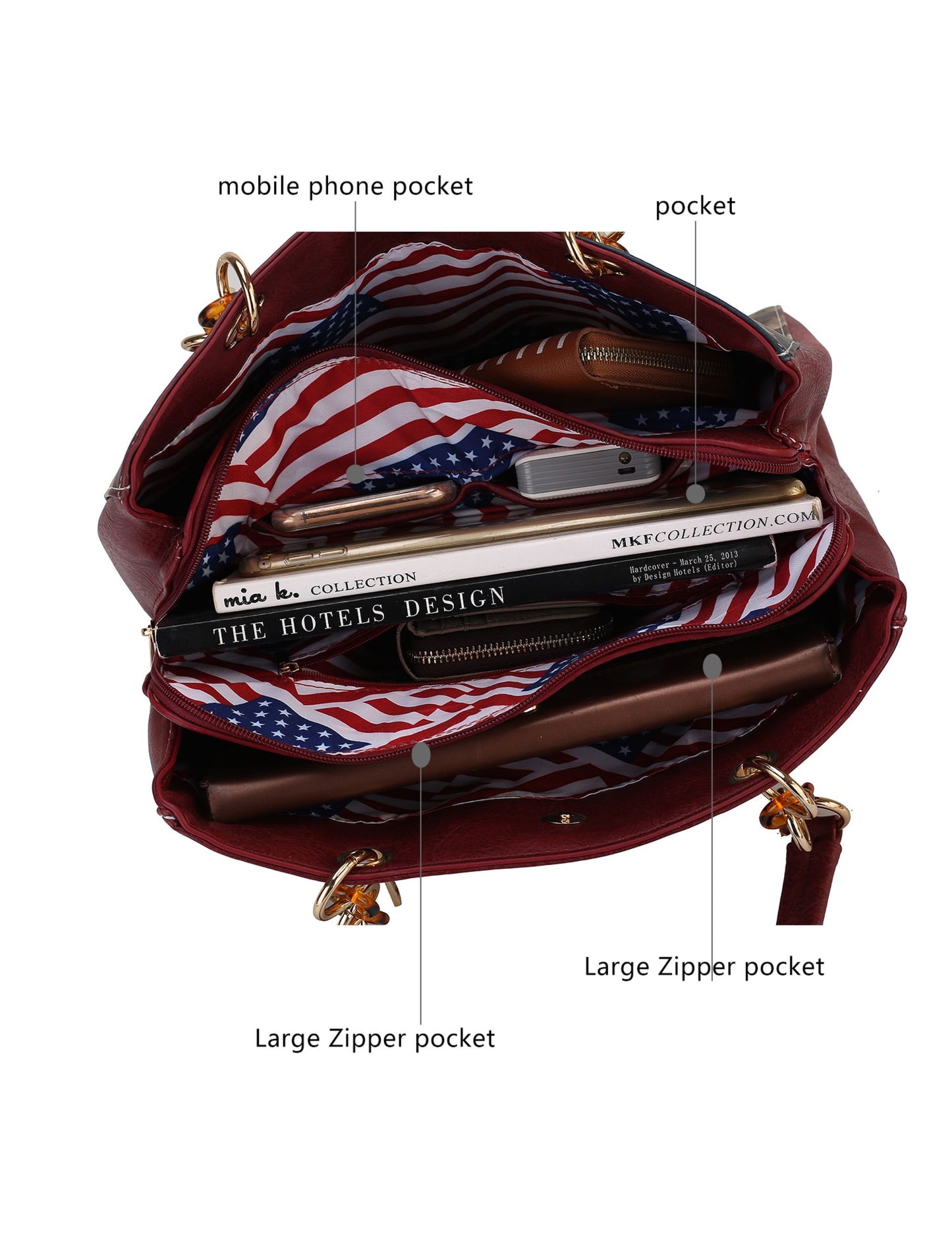 Top view of an open, organized maroon Nevaeh Vegan Leather patriotic pattern Women Shoulder Bag with labeled compartments, including a mobile phone pocket and a large zipper pocket, displaying items and a patriotic pattern interior by Pink Orpheus.