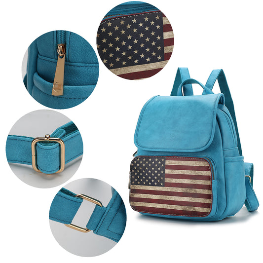 A Regina Printed Flag Vegan Leather Women Backpack from Pink Orpheus, featuring an american flag on it.