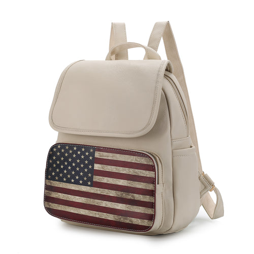 A white Regina Printed Flag Vegan Leather Women Backpack with an adjustable shoulder strap by Pink Orpheus.