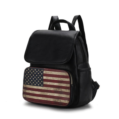 An adjustable shoulder strap Regina Printed Flag Vegan Leather Women Backpack by Pink Orpheus.