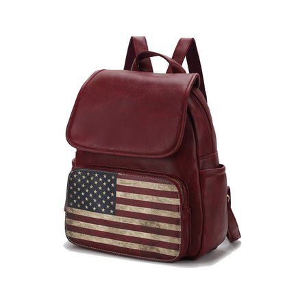 A maroon Regina Printed Flag Vegan Leather Women Backpack with an american flag on it by Pink Orpheus.