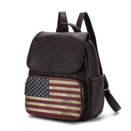 A Regina Printed Flag Vegan Leather Women Backpack by Pink Orpheus with an adjustable shoulder strap featuring an American flag.