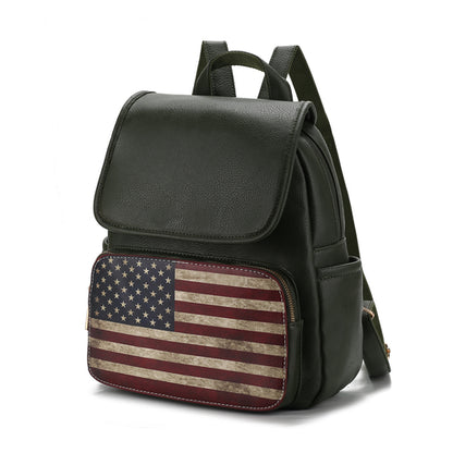 An adjustable shoulder strap backpack made with vegan leather, featuring the Regina Printed Flag design by Pink Orpheus.