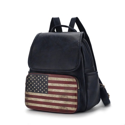 A Regina Printed Flag Vegan Leather Women Backpack by Pink Orpheus with an adjustable shoulder strap and an American flag on it.