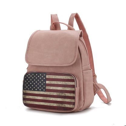 An adjustable shoulder strap Regina Printed Flag Vegan Leather Women Backpack made by Pink Orpheus, featuring an American flag on it.
