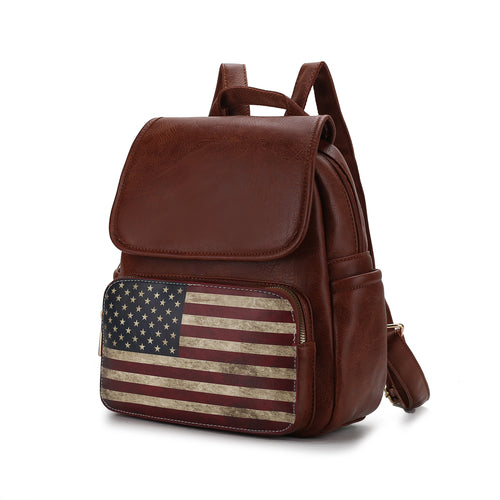 This brown Regina Printed Flag Vegan Leather Women Backpack from Pink Orpheus features an adjustable shoulder strap and a stylish American flag design.