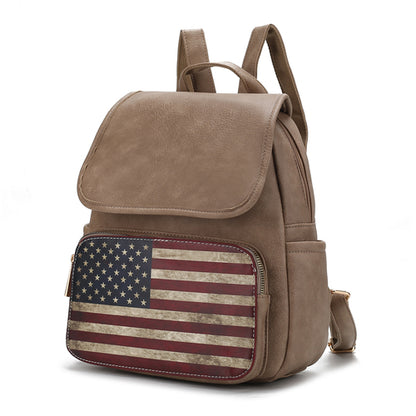 A beige Pink Orpheus Regina Printed Flag Vegan Leather Women Backpack with an adjustable shoulder strap and an American flag on it.