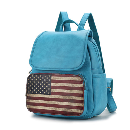 An adjustable shoulder strap backpack in vegan leather with an American flag on it. (Sentence)

An adjustable shoulder strap Regina Printed Flag Vegan Leather Women Backpack by Pink Orpheus.