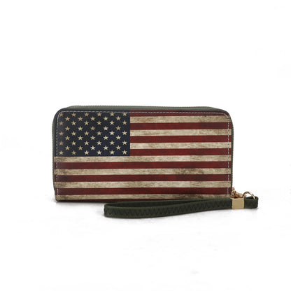 A Uriel Vegan Leather Women’s FLAG Wristlet Wallet made from vegan leather, featuring a convenient wristlet strap.