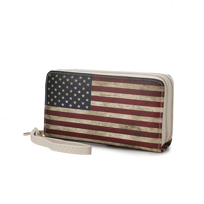 A Uriel Vegan Leather Women's FLAG Wristlet Wallet made by Pink Orpheus is shown on a white background.