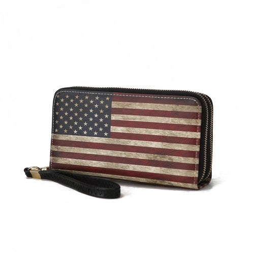 A Uriel Vegan Leather Women's FLAG Wristlet Wallet by Pink Orpheus, featuring an American flag design and a zipper closure.