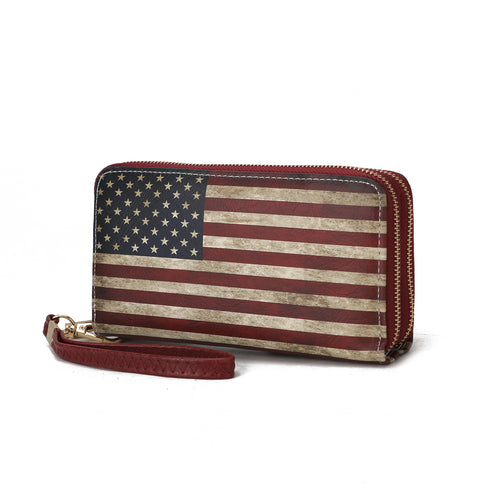 A Uriel Vegan Leather Women's FLAG Wristlet Wallet made by Pink Orpheus, featuring an American flag design.