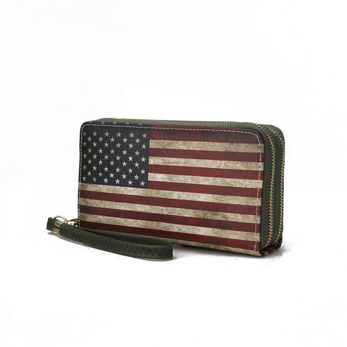 A Uriel Vegan Leather Women's FLAG Wristlet Wallet made by Pink Orpheus, displayed on a white background.