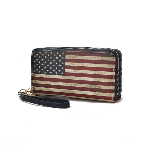 A Patriotic-patterned, Uriel Vegan Leather Women's FLAG Wristlet Wallet with a zipper, featuring an American flag design by Pink Orpheus.