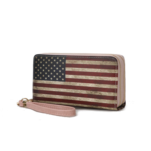 A Uriel Vegan Leather Women’s FLAG Wristlet Wallet with a patriotic pattern and a Pink Orpheus strap.