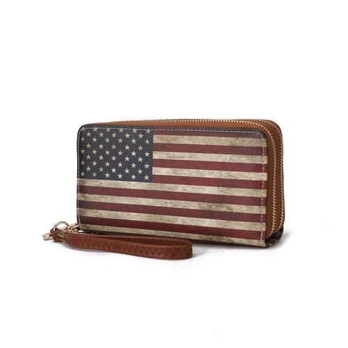 A Pink Orpheus Uriel Vegan Leather Women's FLAG Wristlet Wallet with a brown leather strap.