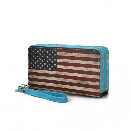 A Uriel Vegan Leather Women's FLAG Wristlet Wallet with a patriotic pattern on vegan leather, by Pink Orpheus.