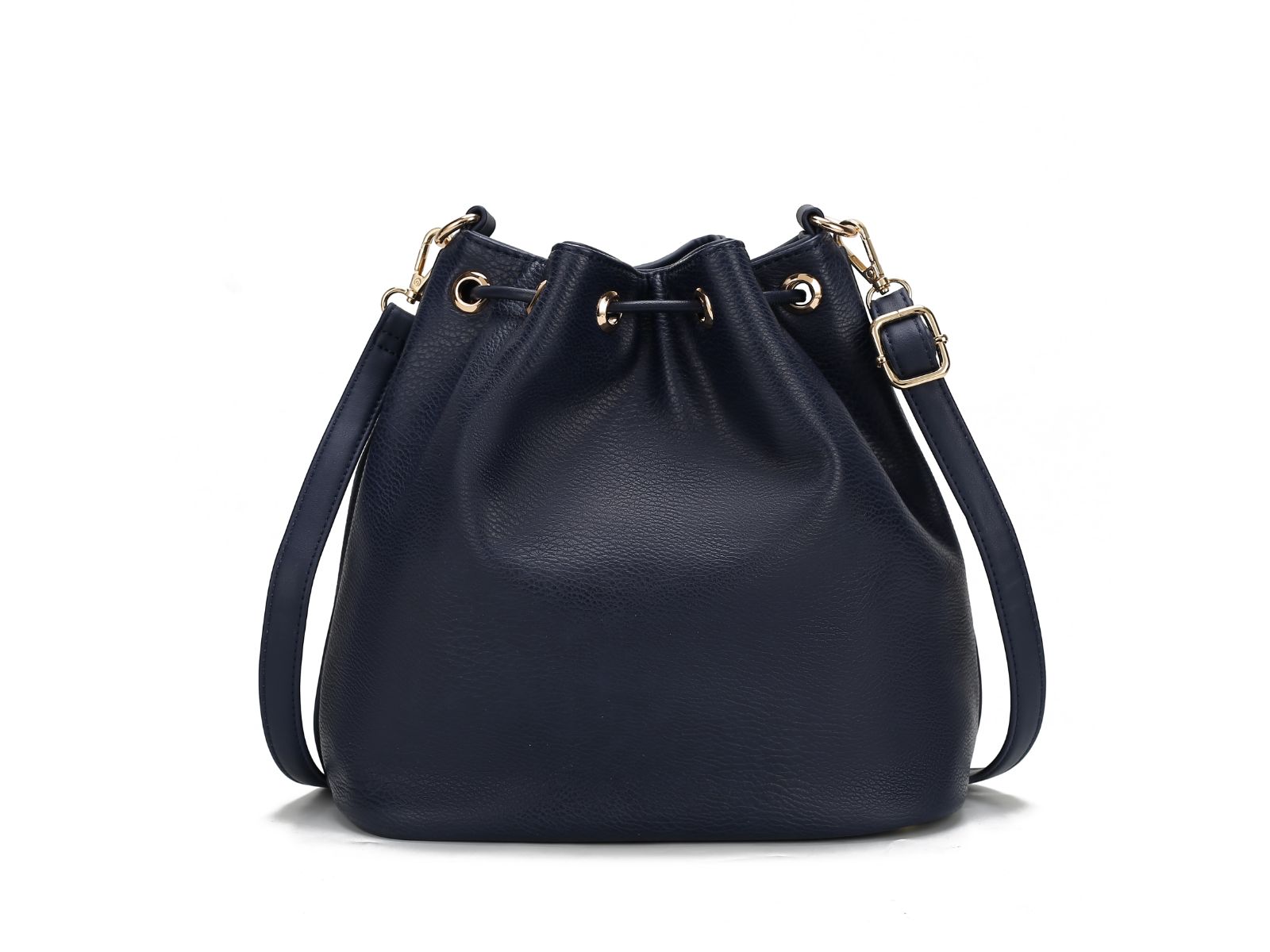 The Larissa Vegan Leather Women's Bucket Bag with Wallet by Pink Orpheus is a blue vegan leather bag with gold hardware. It features an adjustable strap for customizable comfort.