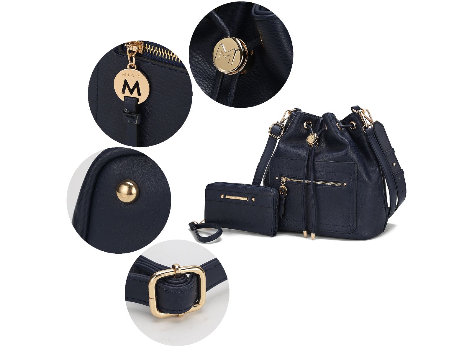 The Pink Orpheus Larissa Vegan Leather Women’s Bucket Bag with Wallet is a stylish and versatile accessory crafted from vegan leather. This blue bag features luxurious gold hardware and comes with a convenient key ring. It also includes an adjustable strap for added convenience.
