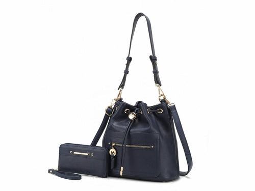 A Pink Orpheus Larissa Vegan Leather Women's Bucket Bag with Wallet in navy, complete with an adjustable strap and matching wallet.