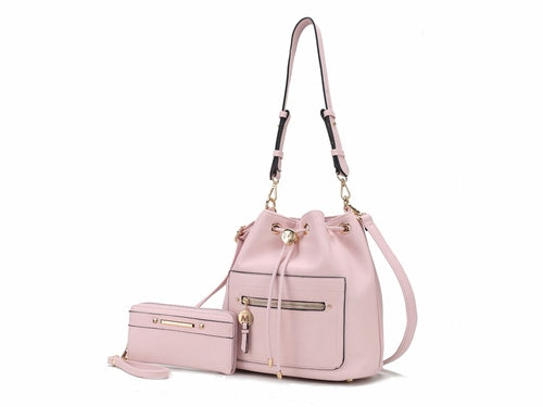 Pink Orpheus Larissa Vegan Leather Women's Bucket Bag with Wallet set with adjustable straps.