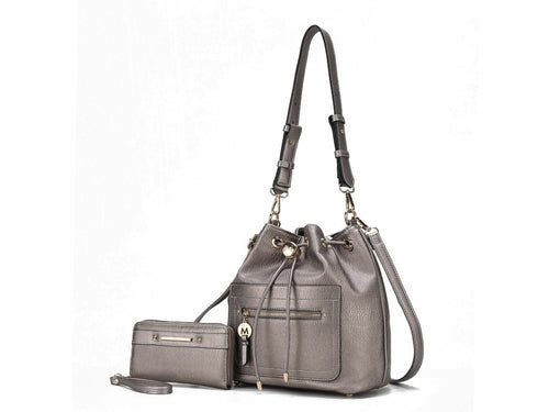 An adjustable Larissa Vegan Leather Women's Bucket Bag with Wallet made by Pink Orpheus with two purses and a wallet.