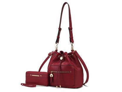 A Pink Orpheus burgundy Larissa Vegan Leather Women’s Bucket Bag and wallet set.