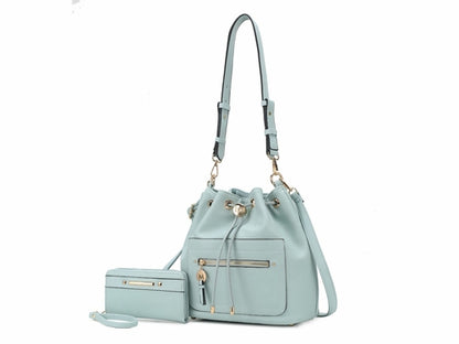 The Pink Orpheus Larissa Vegan Leather Women’s Bucket Bag with Wallet features a light blue color, an adjustable strap, and is made from vegan leather.