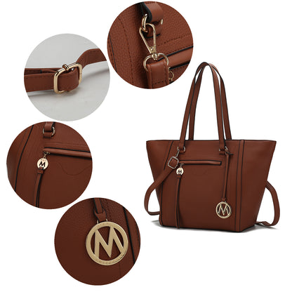 An Alexandra Vegan Leather Women Tote Handbag with Wallet from Pink Orpheus, designed with an M logo on it.