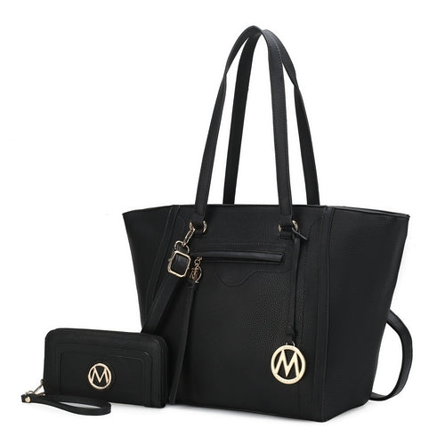 A black Alexandra Vegan Leather Women Tote Handbag with Wallet set by Pink Orpheus.