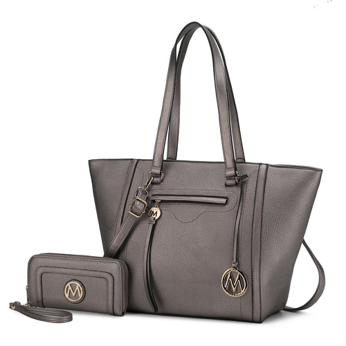 A Grey Alexandra Vegan Leather Women Tote Handbag with Wallet made by Pink Orpheus.