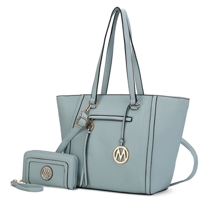 A light blue Alexandra Vegan Leather Women Tote Handbag with Wallet set by Pink Orpheus.