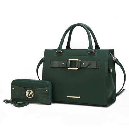 Pink Orpheus Virginia Vegan Leather green handbag and wallet set with crocodile-embossed finish.