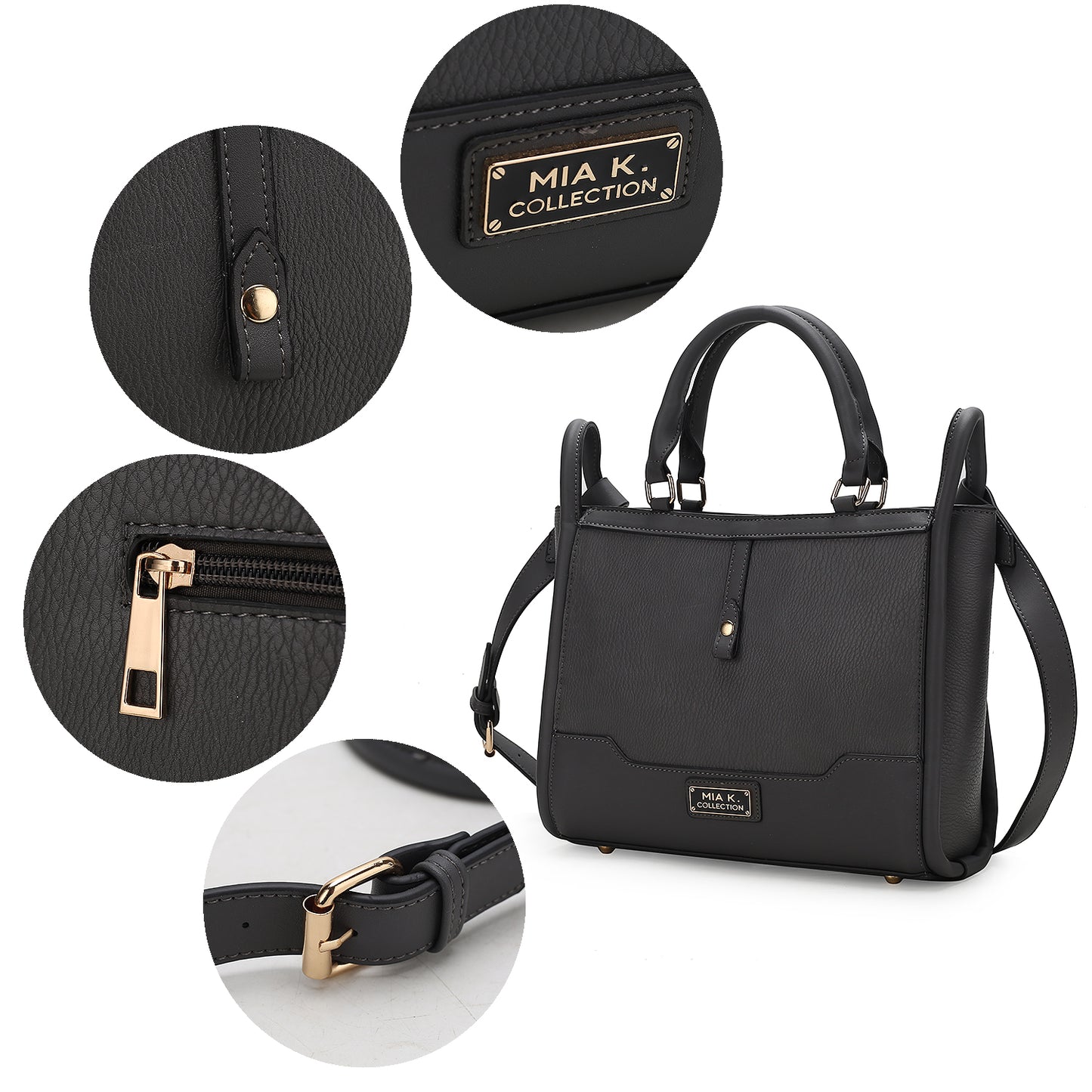 A sleek black Melody Vegan Leather Tote Handbag with a gold buckle, perfect for everyday use, by Pink Orpheus.