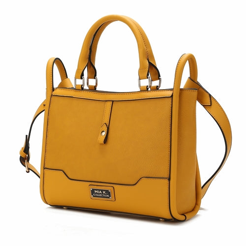 This versatile Melody Vegan Leather Tote Handbag, made with vegan leather, features a vibrant yellow color and is equipped with two handles and a shoulder strap. Perfect for any occasion, this everyday companion complements any. [Brand Name: Pink Orpheus]